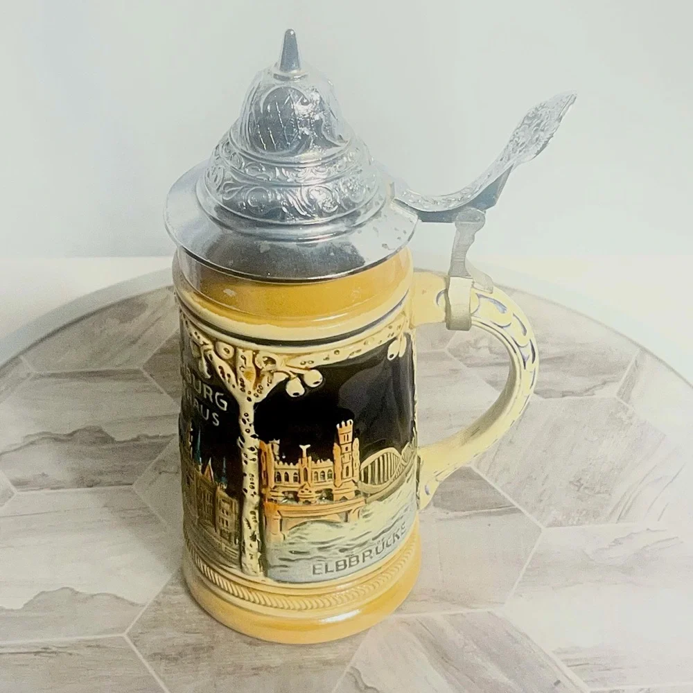 Vintage Hamburg Rathaus Germany Beer Stein Pewter Lid Elbbrücke Jungfernstieg
